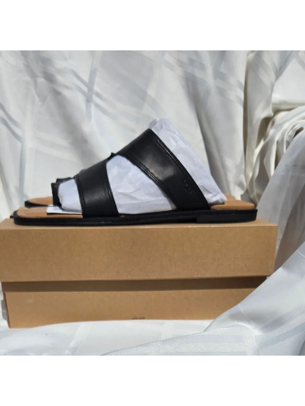UGG Matira Black Leather Slide Sandals Toe Loop Square Toe Womens Size 12 NIB